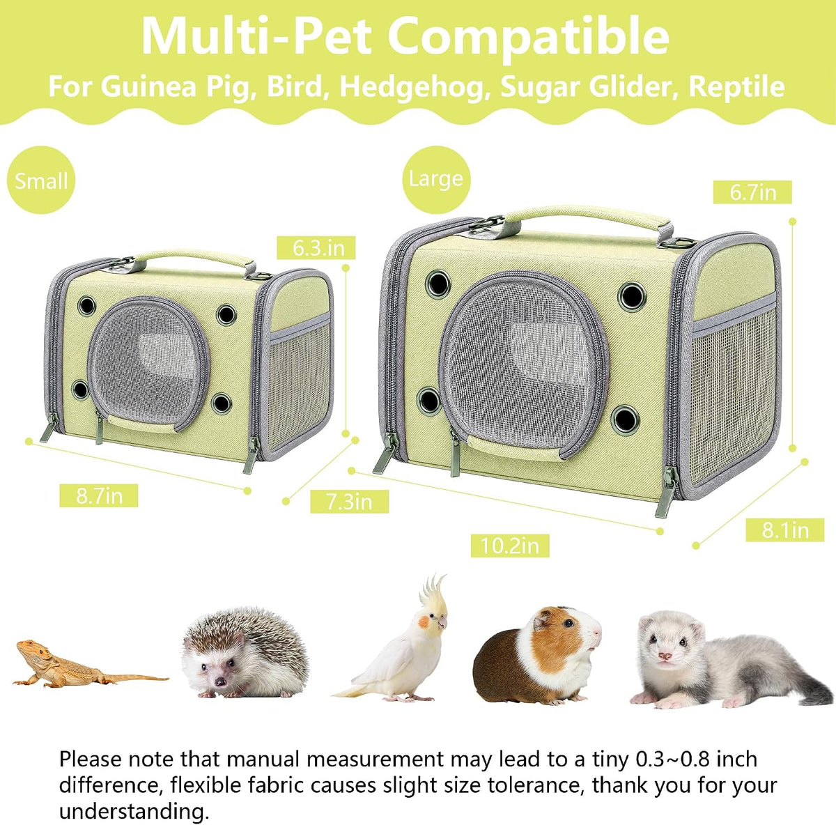 Portable Small Animal Travel Carrier, Foldable Breathable Travel Pet Cage for Hamsters, Guinea Pigs, Rabbits, Birds & Reptiles, Bird Carrier for Small Parrots & Parakeets (Large, Green)