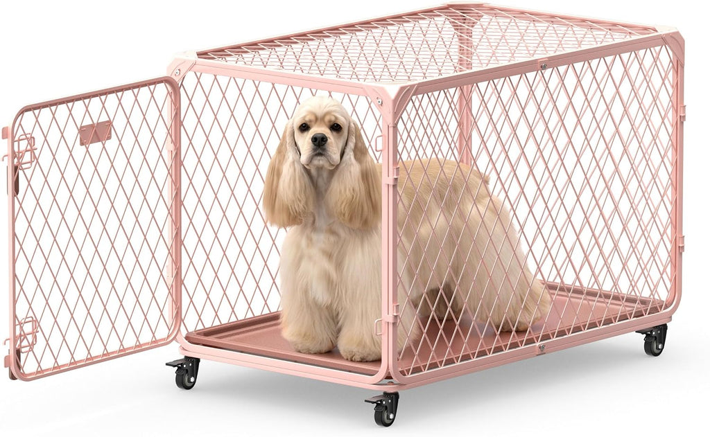 36 Inch Medium Dog Crate with Lockable Wheel, Diamond Mesh Metal Dog Crates for Medium Dogs,up to 100 lbs, Leak-Proof Tray, Easy Assembly&Lightweight Pet Dog Kennel Cage, Light Pink