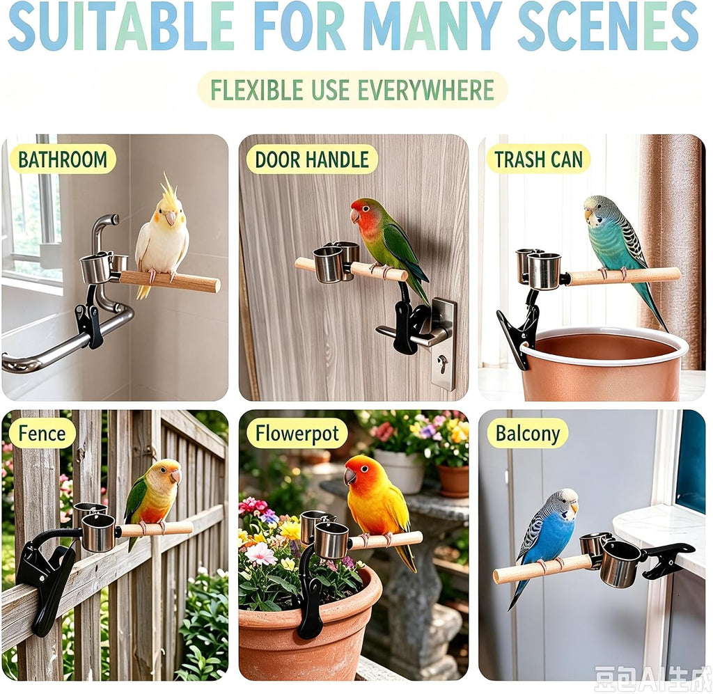 Bird Stand Parrot Perch Clip, Parrot Training Perch with Two Stainless Steel Cup, Portable Natural Wood Bird Happy Toy for Budgies, Cockatiels, Conures, Monk Parakeets, Lovebirds