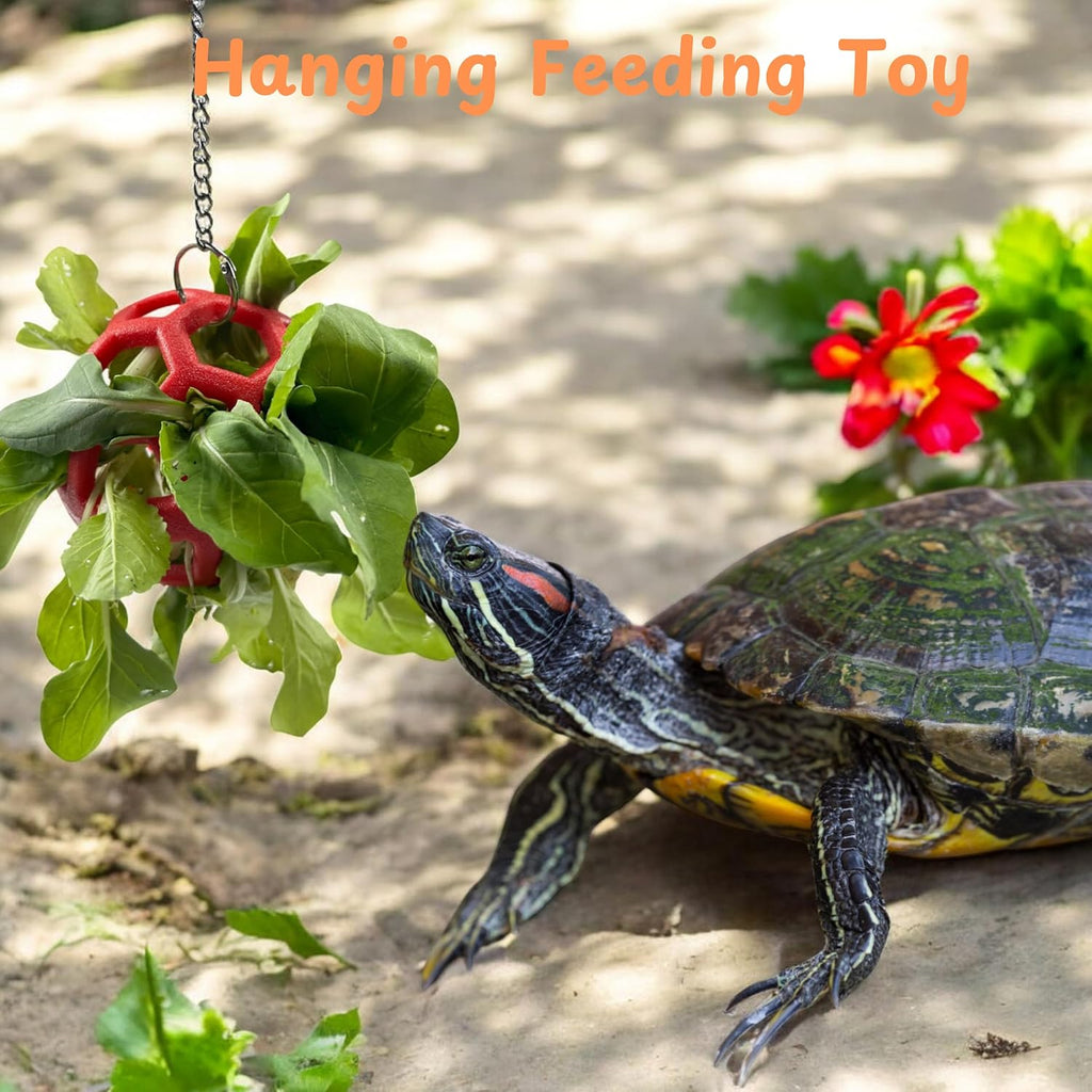 Turtle Feeder Ball with Chain, Hanging Tortoise Treat Ball, Turtle Enrichment Toys, Tortoise Hay Holder, Foraging Food Toy for Small Pet Rabbit Bunny Guinea Pig, Tortoises Accessories (Red Ball)