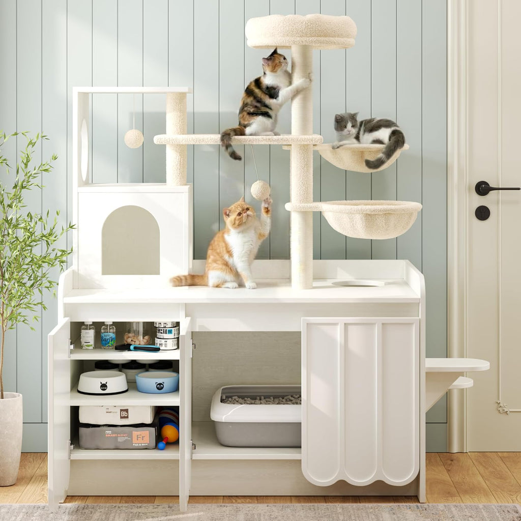 50.6" Cat Tree with Hidden Litter Box Enclosure, Modern White Cat Tower with Sisal Scratching Posts, Storage Cabinet, Hammocks, Platforms, Condo and Top Perch, Indoor Multi-Level Play & Rest Furniture