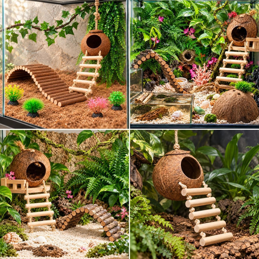 10PCS Crested Gecko Tank Accessories, Reptile Plants Bridge Vines, Coconut Shell with Ladder for Lizard, Chameleon Cage, Snakes, Hermit Crab, Leopard Gecko Tank Accessories, Terrarium Decor
