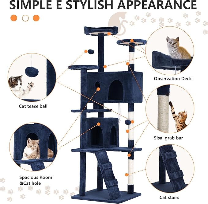 70 Inch Navy Blue Cat Tree, Tall Cat Tower - Image 5