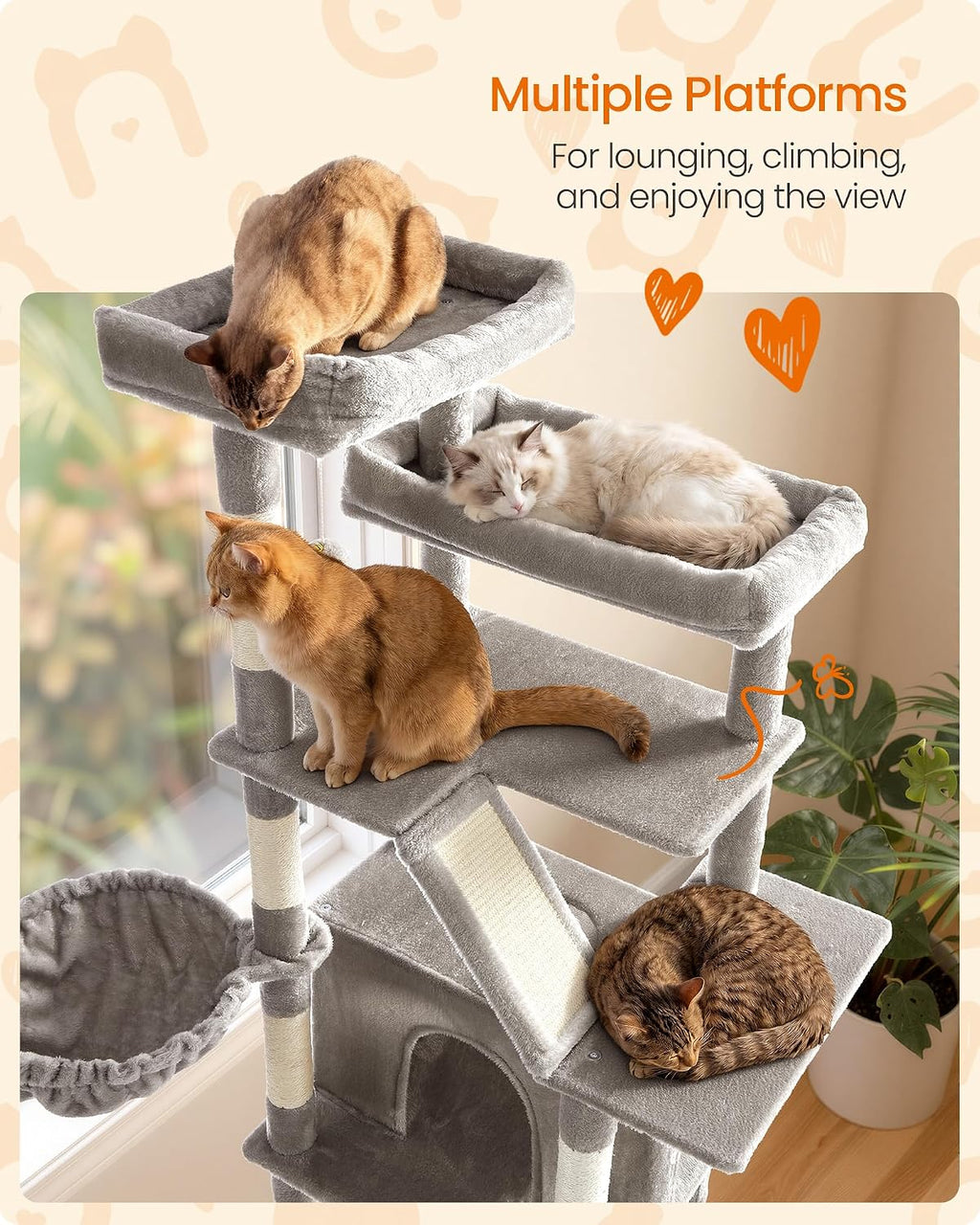Feandrea Large Cat Tree, 72.6" Tall Sturdy Cat Tower for Indoor, Dove Gray