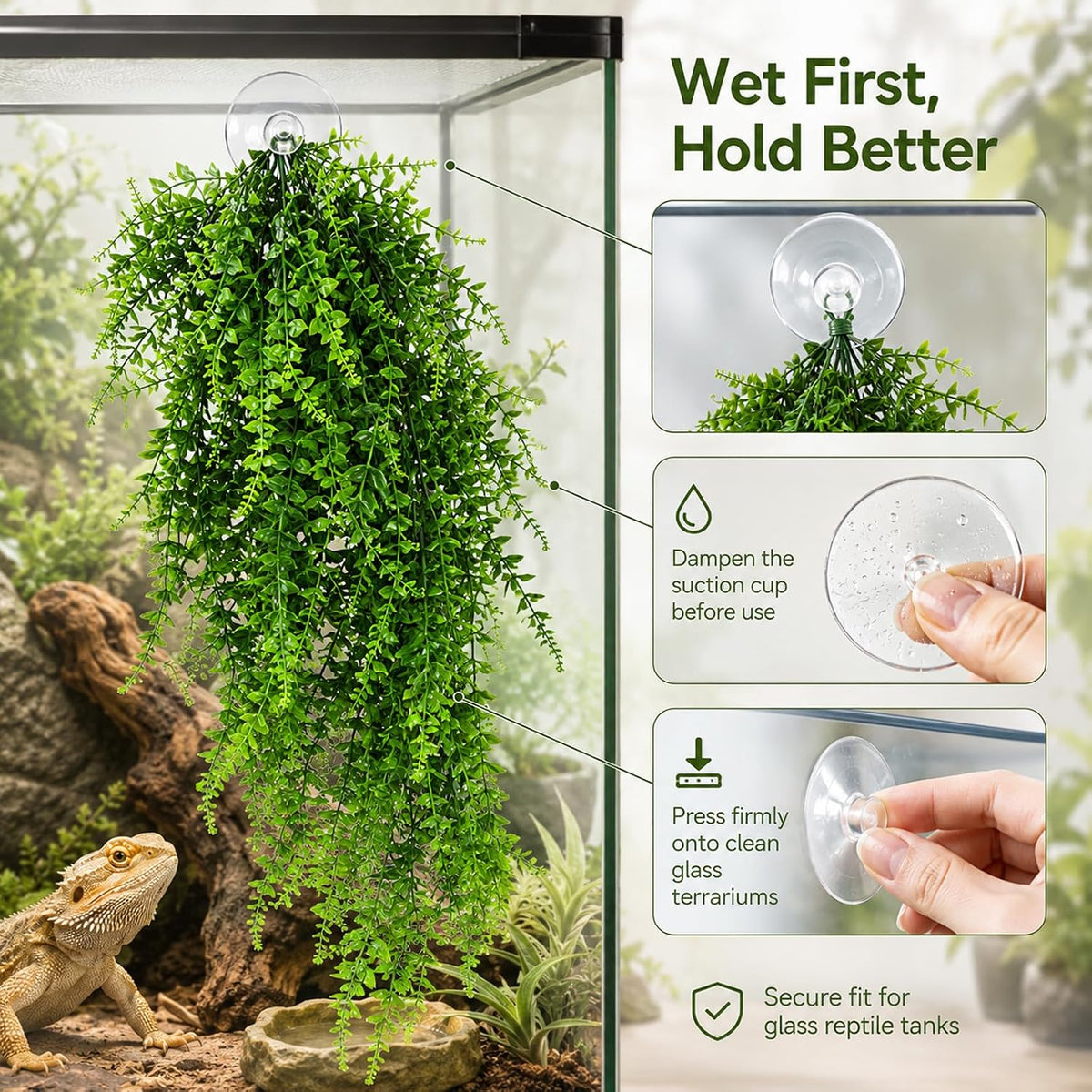 HERCOCCI 3 Pack Reptile Plants, Terrarium Hanging Plants Vines Artificial Leaves Habitat Decorations with Suction Cup for Bearded Dragon Hermit Crab Lizard Snake Geckos Chameleon