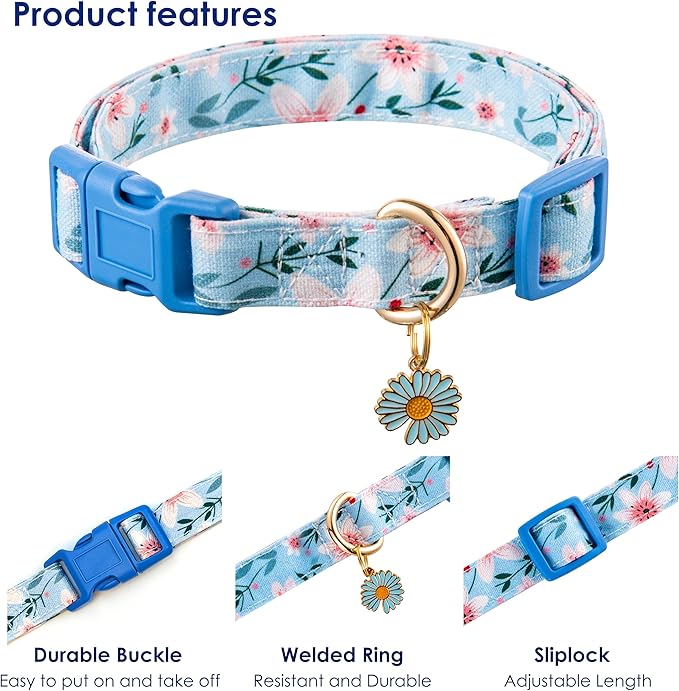 Cotton Dog Collar Blue Flower Pattern - Image 3