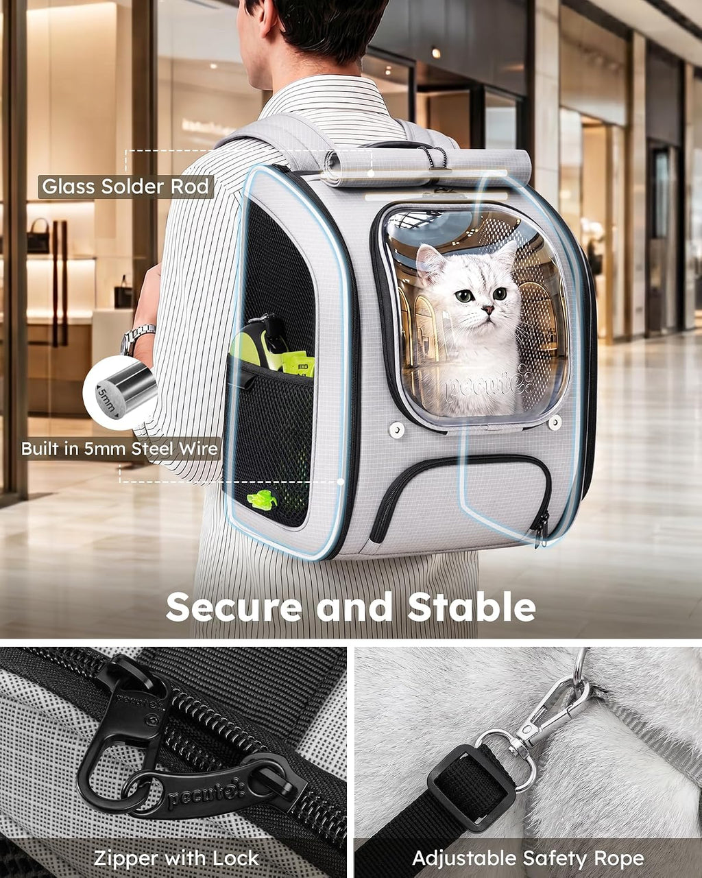 Pecute Cat Backpack Carrier,TPU Leather Dog Backpack,Ergonomic,Light Gray