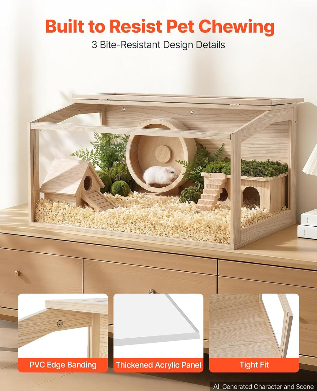 VEVOR Wooden Hamster Cage 40.1"x20.4"x20.1" 270° Viewing Hamster Habitat, Chewproof Acrylic Small Animal Cage with Openable Top, Large Pet Enclosure for Syrian/Dwarf Hamsters, Guinea Pigs & Gerbils