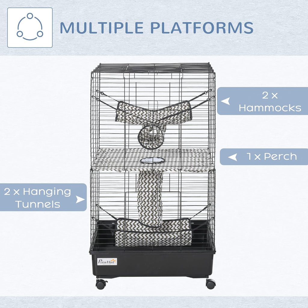 PawHut 42" Ferret Cage, Small Animal Habitat Metal Pet Cage with Wheels Brakes, Hammocks, Hanging Tunnels, and 3 Doors, Black