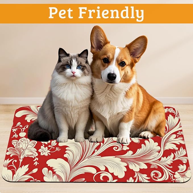Red White Flower Feeding Mat, Paisley Absorbent Quick-Dry Cat Dog Food and - Image 2