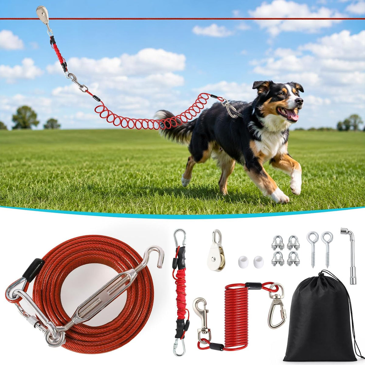 100FT Dog Runner Cable System for Large Dogs Up to 300lb