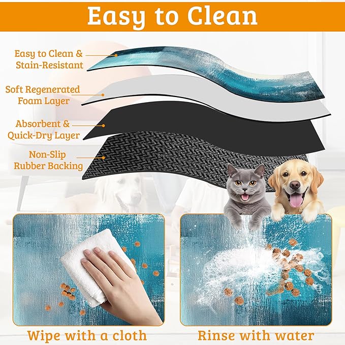 Pet Feeding Mat, Art Painting Absorbent Dog Cat Food Mat Grey Blue Dog Mat - Image 5