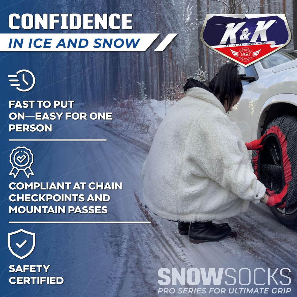 K&K Auto Snow Socks for Tires – Pro Series for Ultimate Grip Approved Snow Chain Alternative Traction Device – Tire Sock for Car Sedan Coupe – Winter Travel Accessory Emergency Kit – Medium (2pcs)