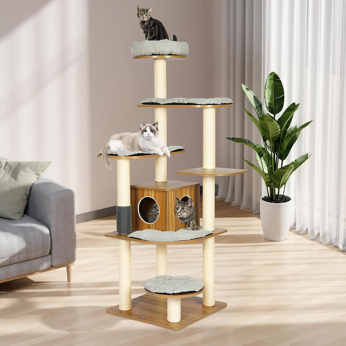 69”H Tall Wood Cat Tree, Large Cat Tower Multi-Level Platforms with Sisal Scratching Posts, Cat Condo for Large Cats 20 lbs Heavy Duty (69” H Wood Brown)