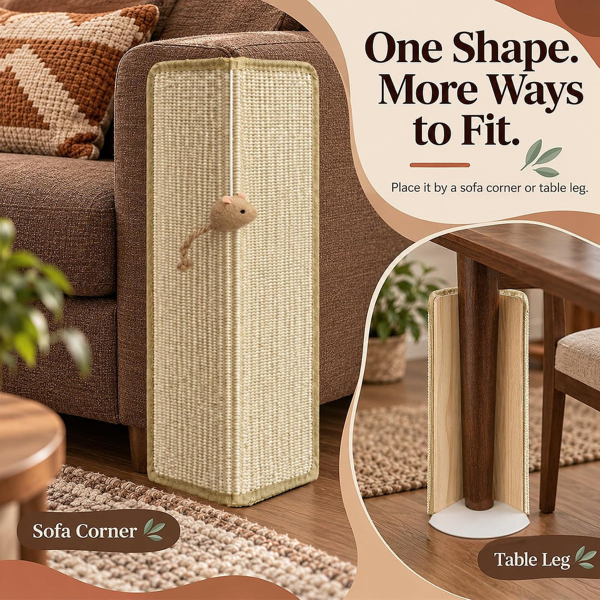 Couch Corner Cat Scratcher, 23.6" Sisal Cat Scratching Post with Toy