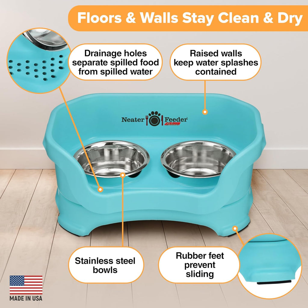 Neater Pet Brands Neater Feeder Deluxe Mess Proof Dog Bowls Elevated for Small Dogs Under 19 lbs, Made in USA, No Spill Raised Dog Food Bowl Stand Feeding Station, Food and Water Bowl Set, Aquamarine