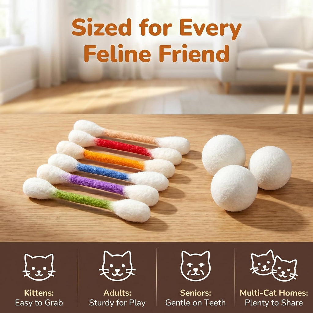 Catnip Cat Toys for Indoor Cats, 6 Jumbo Cotton Swab Kicker Sticks with 3 Natural Wool Balls, Quiet Chew Toy for Kittens
