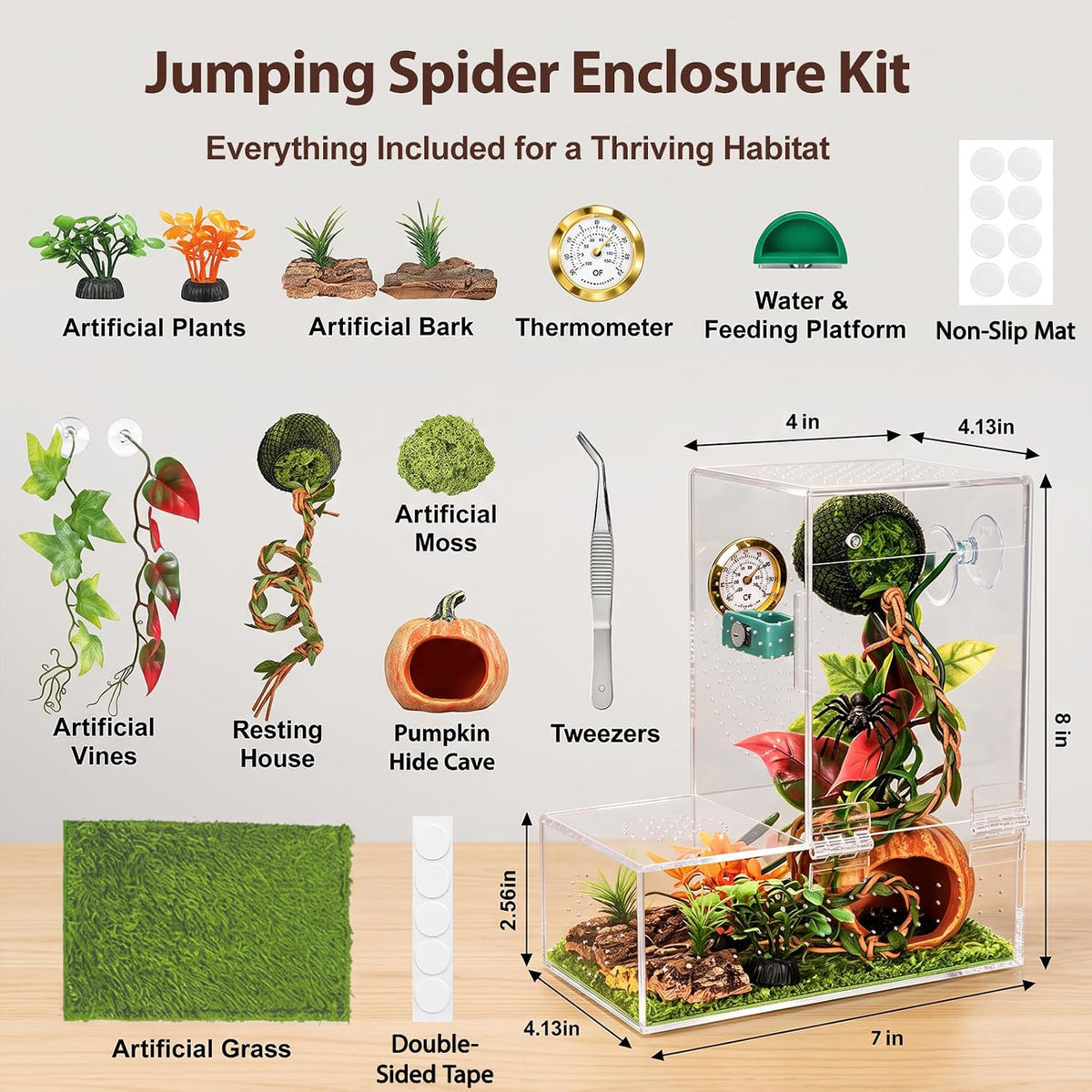 Large Jumping Spider Enclosure Kit for Spiders Manti Snail & Small Reptiles