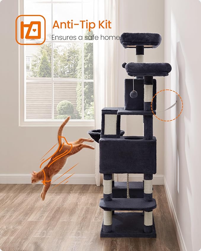 Feandrea Cat Tree, 66.1-Inch Large Cat Tower, 2 Perches, 2 Caves, Smoky Gray - Image 9