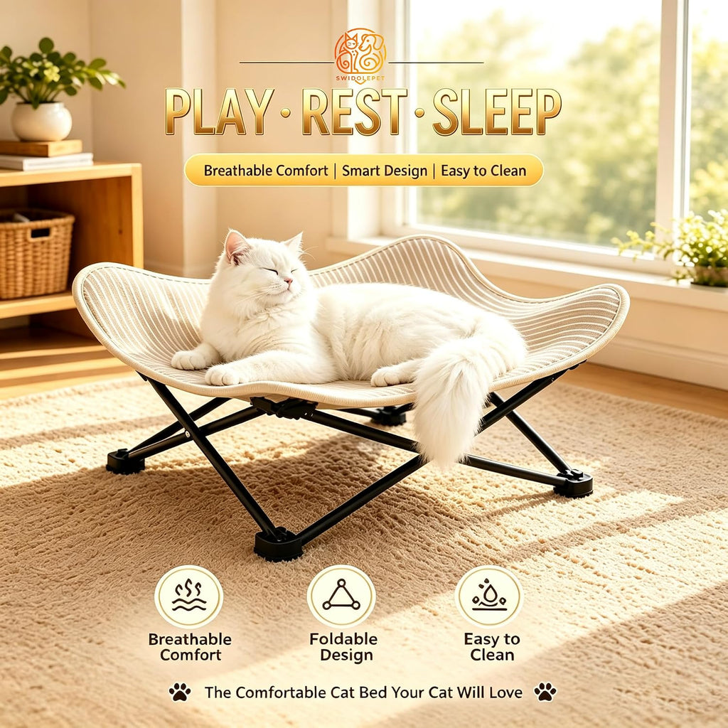 Foldable Cat Hammock Bed, Elevated Sisal Scratching Lounge with Metal Frame