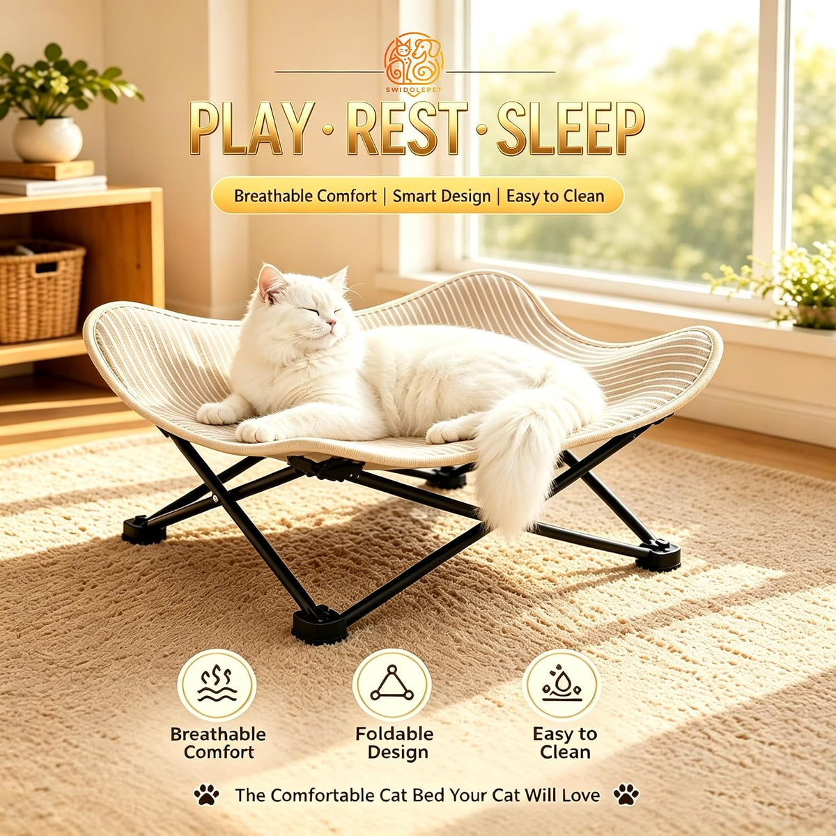 Foldable Cat Hammock Bed, Elevated Sisal Scratching Lounge with Metal Frame