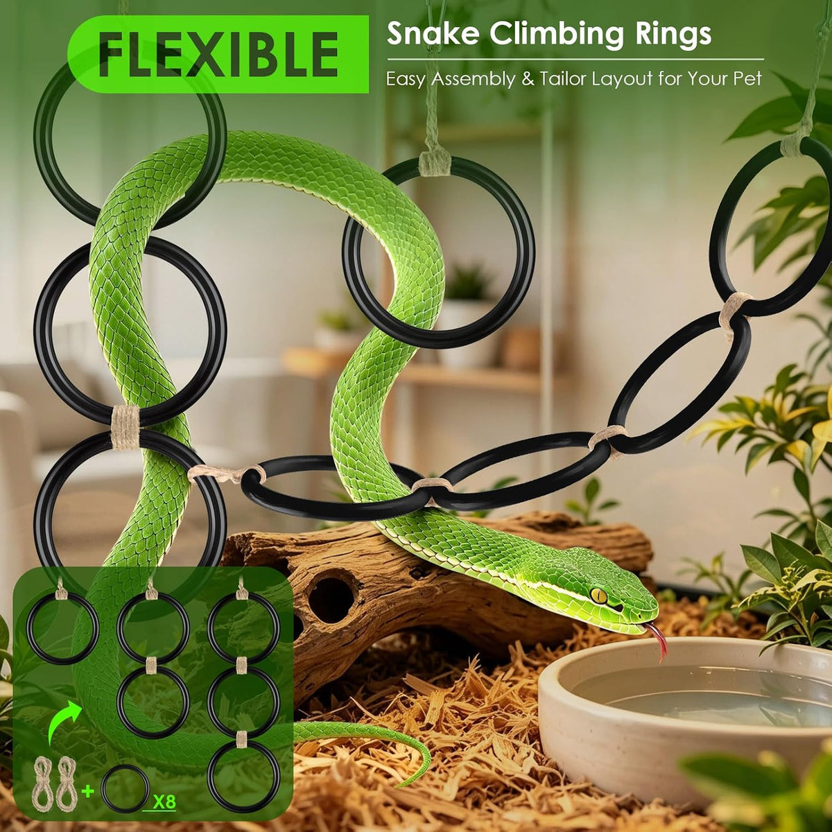 DBNESS Snake Climbing Rings, Ball Python Enclosure Enrichment Ring, Adjustable Reptiles Terrarium Decor Accessories for Corn Snakes, Garter Snakes, Iguana, Lizards, Chameleons, Parrot (Black-2pcs)