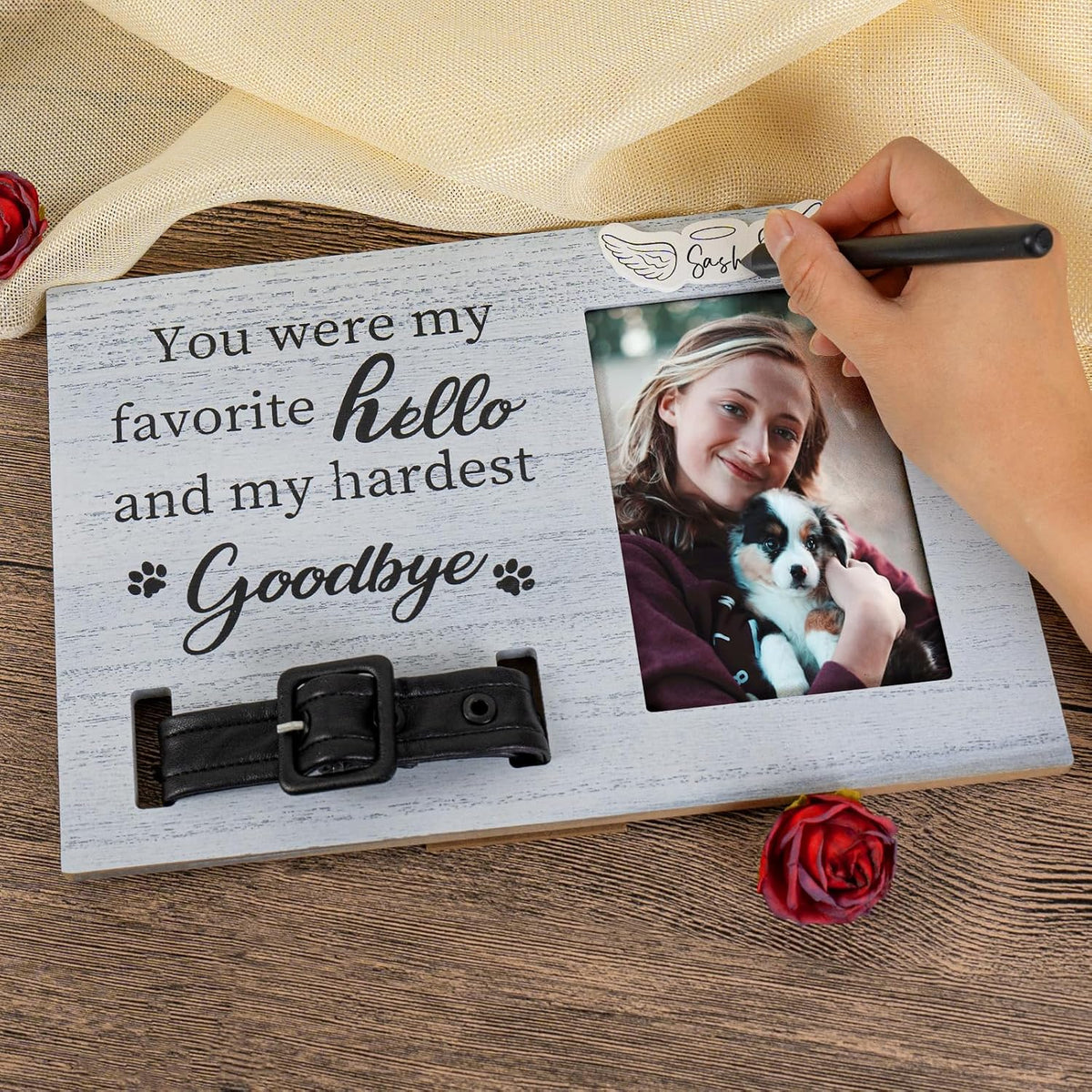 Pet Memorial Picture Frame for Loss of Pet Sympathy Keepsake Pet Collar Keepsake Wood Frame for The Dog, Light Grey Pet Remembrance Gift, Dog Picture Frame for Table, 4" x 6" Photo Insert
