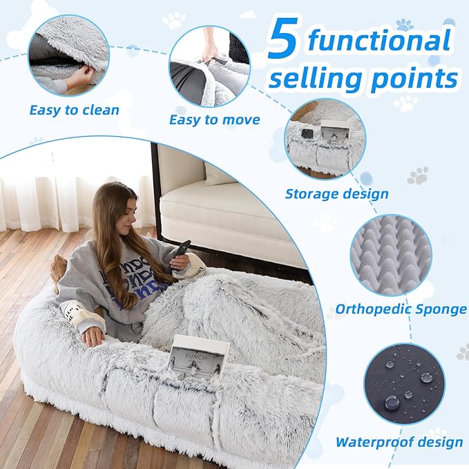 Human Dog Bed - 71"x45"x12" Fits You & Pets, Washable Faux Fur, Orthopedic - Image 3