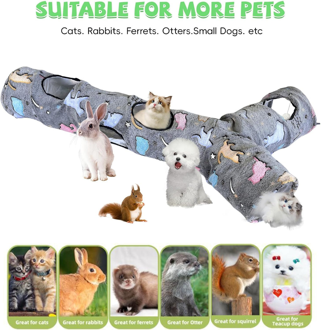 Cat Tunnel for Indoor Cats,Tree Trunk Cat Tunnels with Plush Ball Toys Collapsible,Stars, Moon Shape Self-Luminous, for Indoor Cats,Pets Bunny Rabbits, Kittens, Ferrets