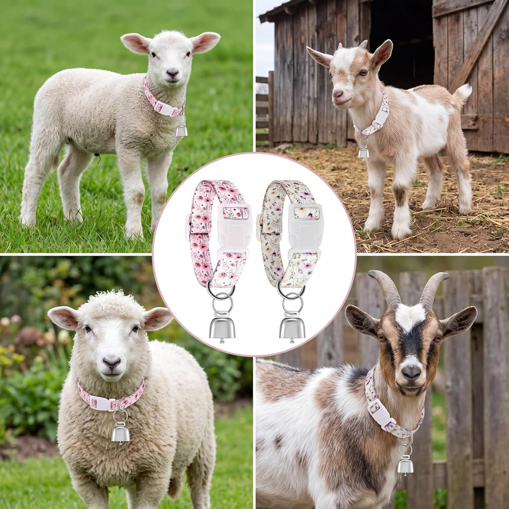 2 Pack Floral Goat Collars with Bells, White Pink Girly Pattern for Lambs