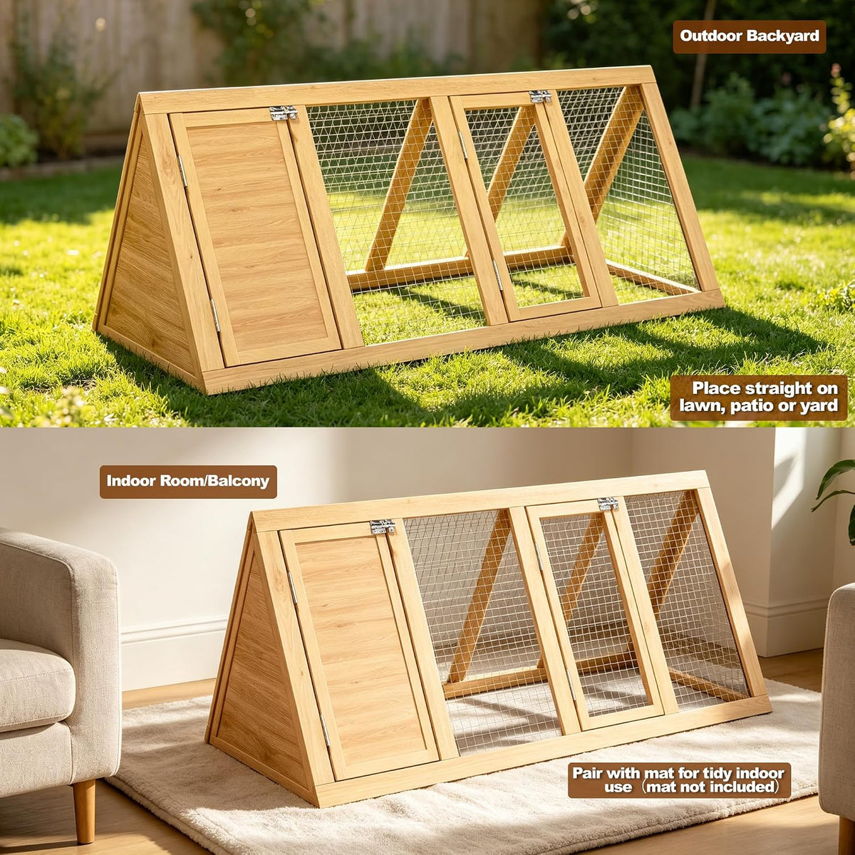 A-Frame Rabbit Hutch with Run, Wooden Bunny Cage Outdoor, 2-Door Weatherproof Small Animal House for Rabbits, Guinea Pigs, Quail & Chickens