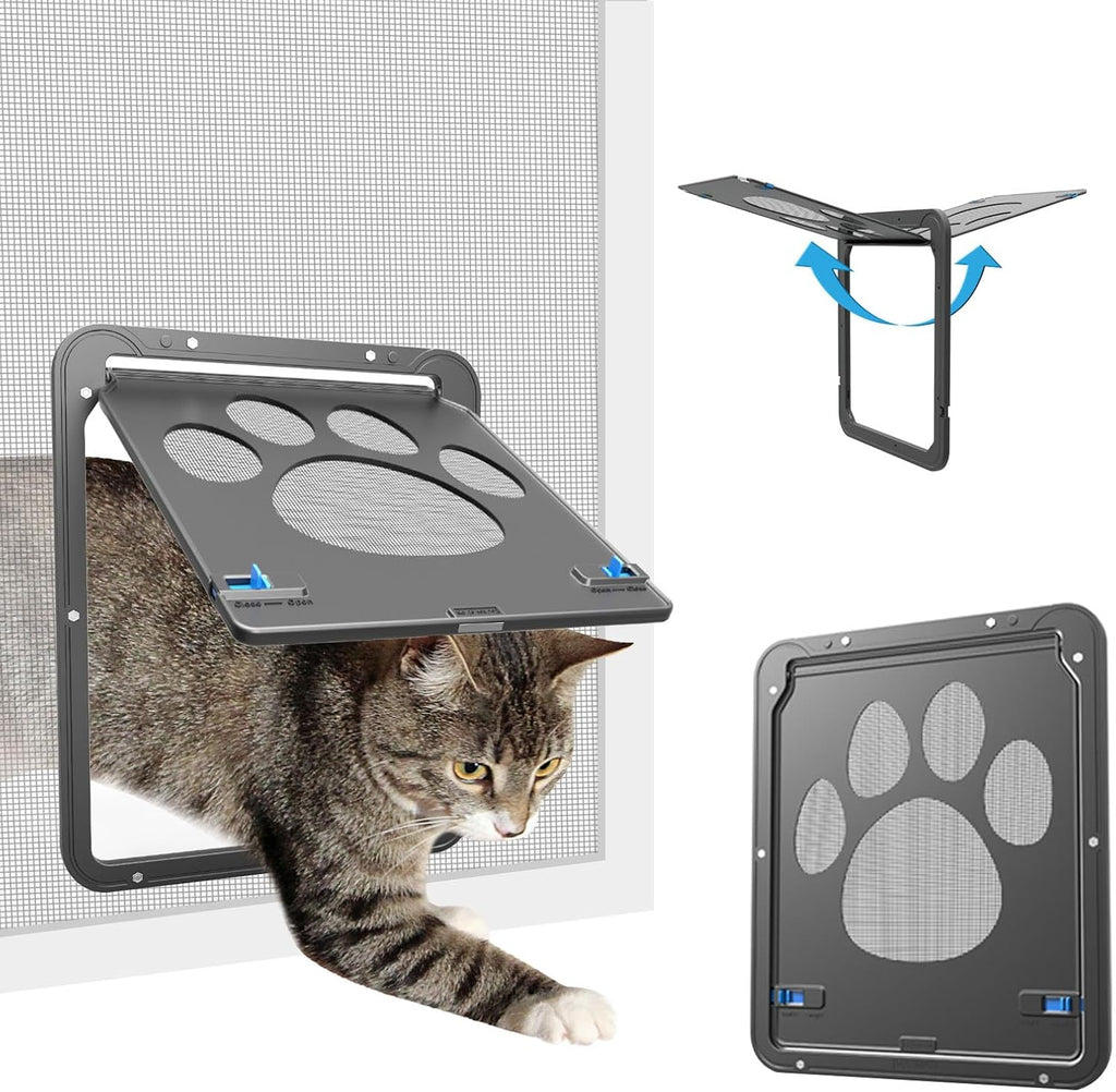 Cat Door for Screen Door with Magnetic Auto-Close, Dual Lockable Tabs Doggy Screen Door, Pet Easy Access for Sliding Screen Door & Window