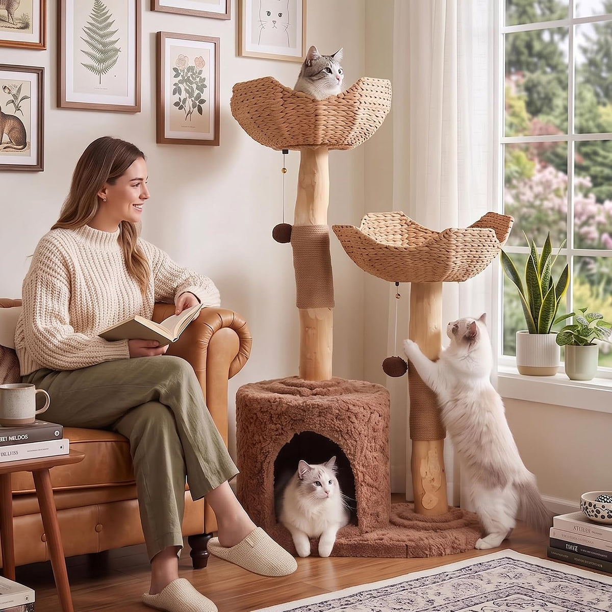 Modern Cat Tree Tower 50” with 2 Handmade Baskets and Large Condo