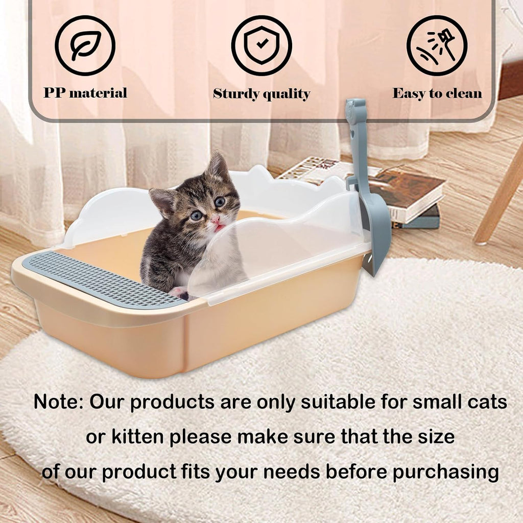 Open Cat Litter Box with High Side,Anti-Splashing Cats Litter Pan Semi-Enclosed Removable Cats Litter Boxes with Litter Sifting Scoop Open Top Kitty Toilet for Easy to Clean(Khaki)