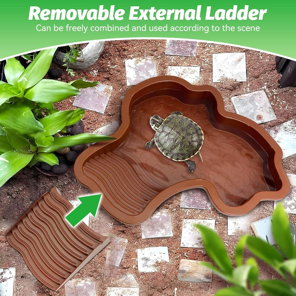 PINVNBY Large Reptile Bathing Pool Tortoise Water Dish with Removable Ramp and Leaf Reptile Food Dish & Water Bowl Tortoise Habitat Accessories for Turtle Lizard Gecko Snake (Red)