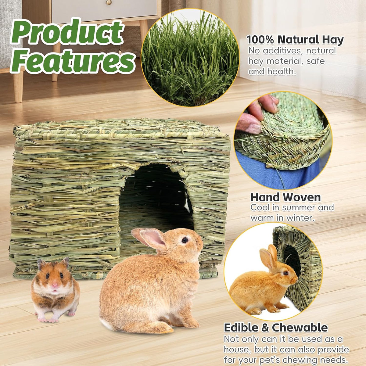 Hamiledyi Large Rabbit Grass House Hand Woven Natural Bunny Hut