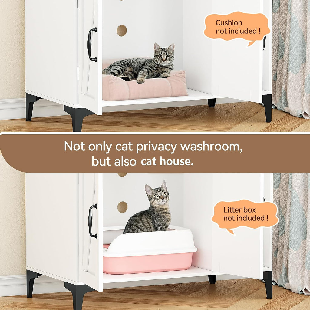 Tall Hidden Cat Litter Box Enclosure Cabinet - 4-Tier Storage Shelves, 2-Door Wood Cat Washroom Furniture, Indoor Cat House - White, with Cat Litter Mat