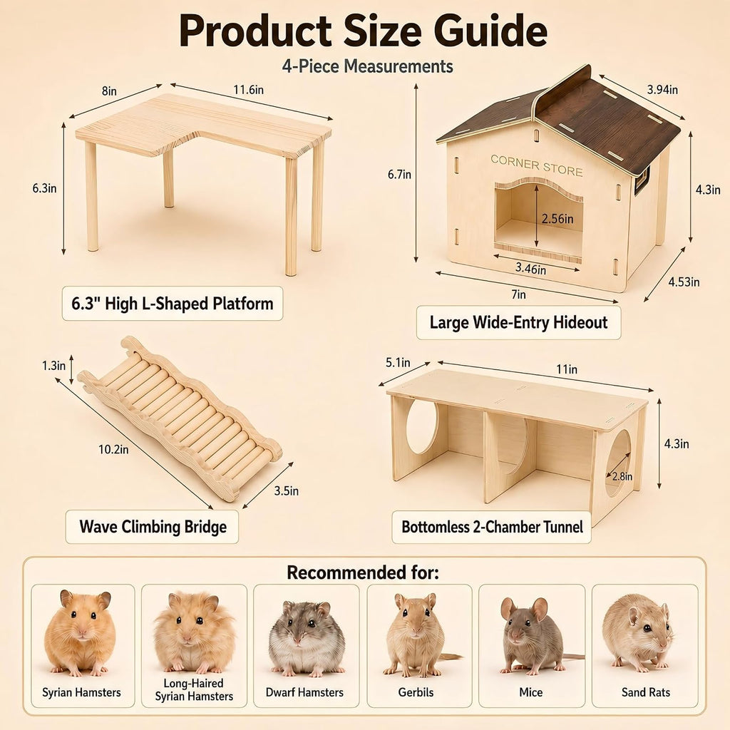 4-Piece 6.3-Inch High Hamster Platform Set, Large House Hideout