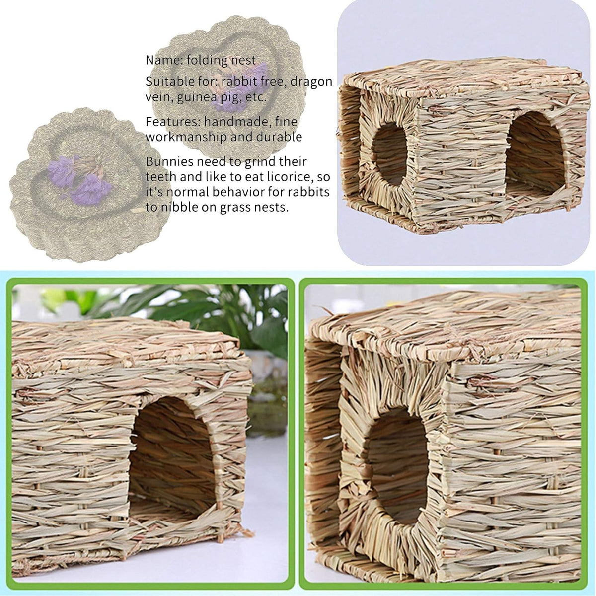 kathson 2 Pcs Rabbit Grass House Natural Foldable Hand Woven Seagrass Bed Carrot Hay Toy Hut Safe Comfortable Playhouse with 6 PCS Bunny Chew Toys for Bunny Hamster Guinea Pig Chinchilla Ferret