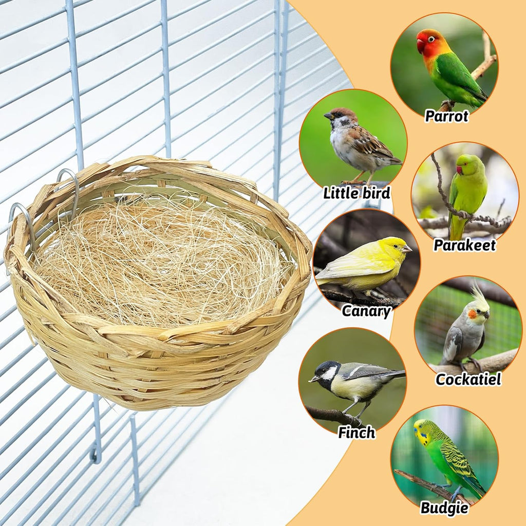 VCEPJH Handmade Bird Nest for Cage 6 Pack Bamboo Canary Breeding Nest with Hook Finch Nesting Hatching House with Fiber Liner for Littile Finch Parakeet Cockatiel Budgie
