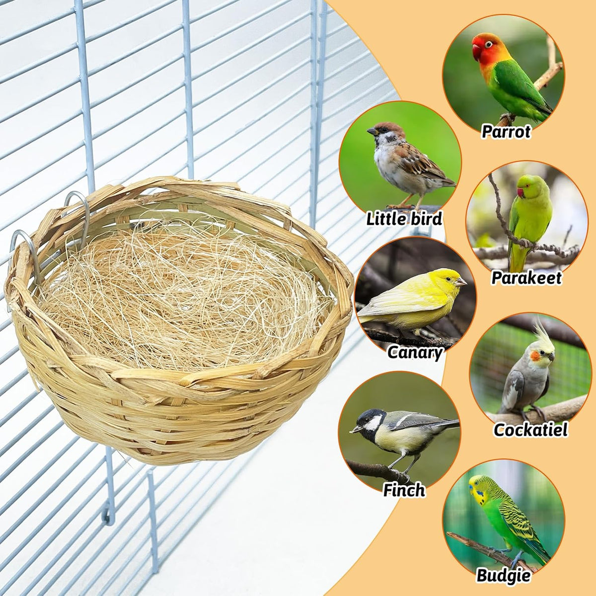 VCEPJH Handmade Bird Nest for Cage 6 Pack Bamboo Canary Breeding Nest with Hook Finch Nesting Hatching House with Fiber Liner for Littile Finch Parakeet Cockatiel Budgie
