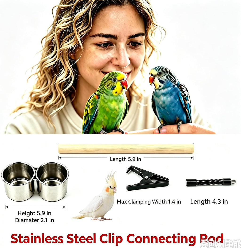 Bird Stand Parrot Perch Clip, Parrot Training Perch with Two Stainless Steel Cup, Portable Natural Wood Bird Happy Toy for Budgies, Cockatiels, Conures, Monk Parakeets, Lovebirds