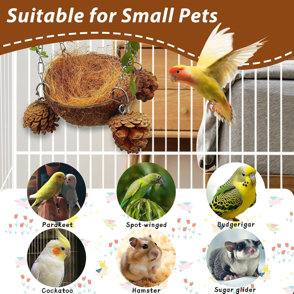 PINVNBY Natural Coconut Shell Bird Nest Suspended Parakeet Nest Bird Bed