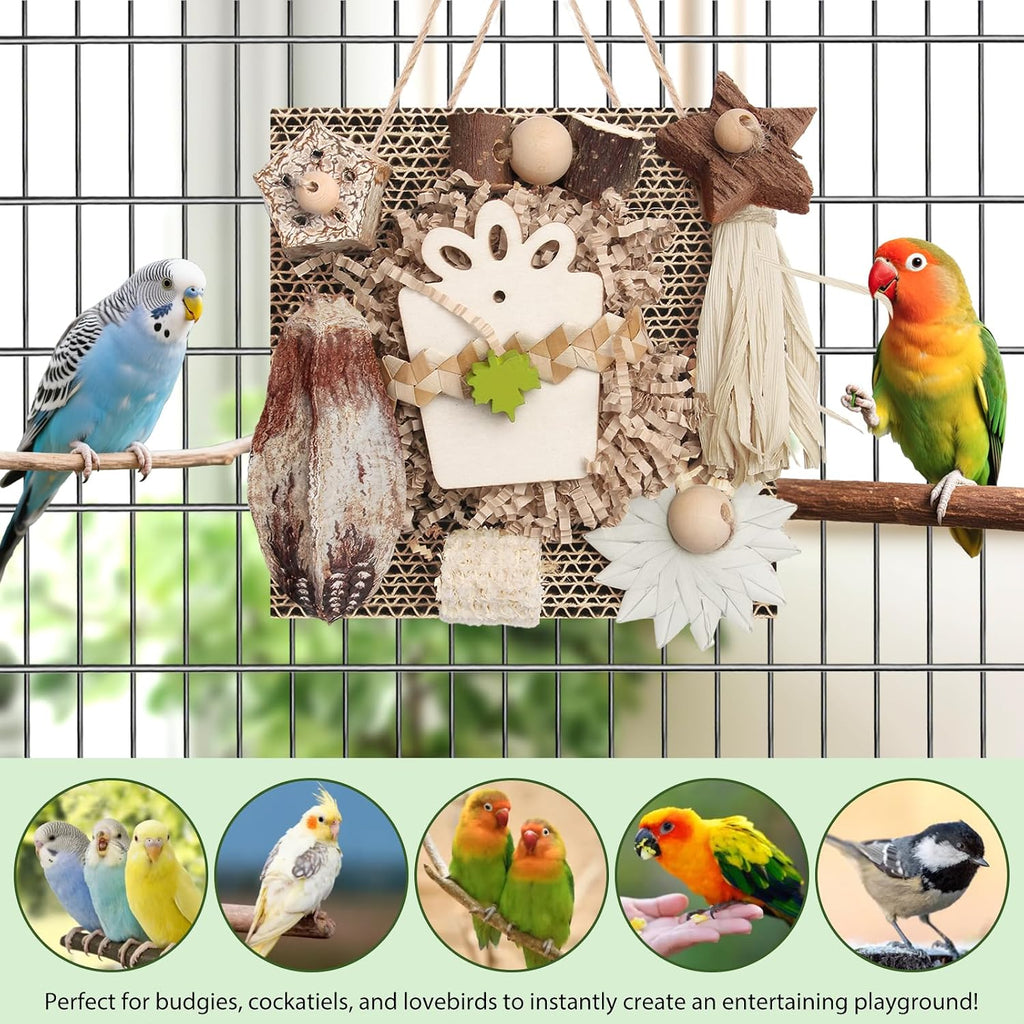Kyouki Bird Play & Foraging Bundle - Wooden Perch Gym with Mirror/Ladder & Chewable Cardboard Foraging Toy for Parakeets, Cockatiels, Lovebirds, Conures & Small/Medium Parrots