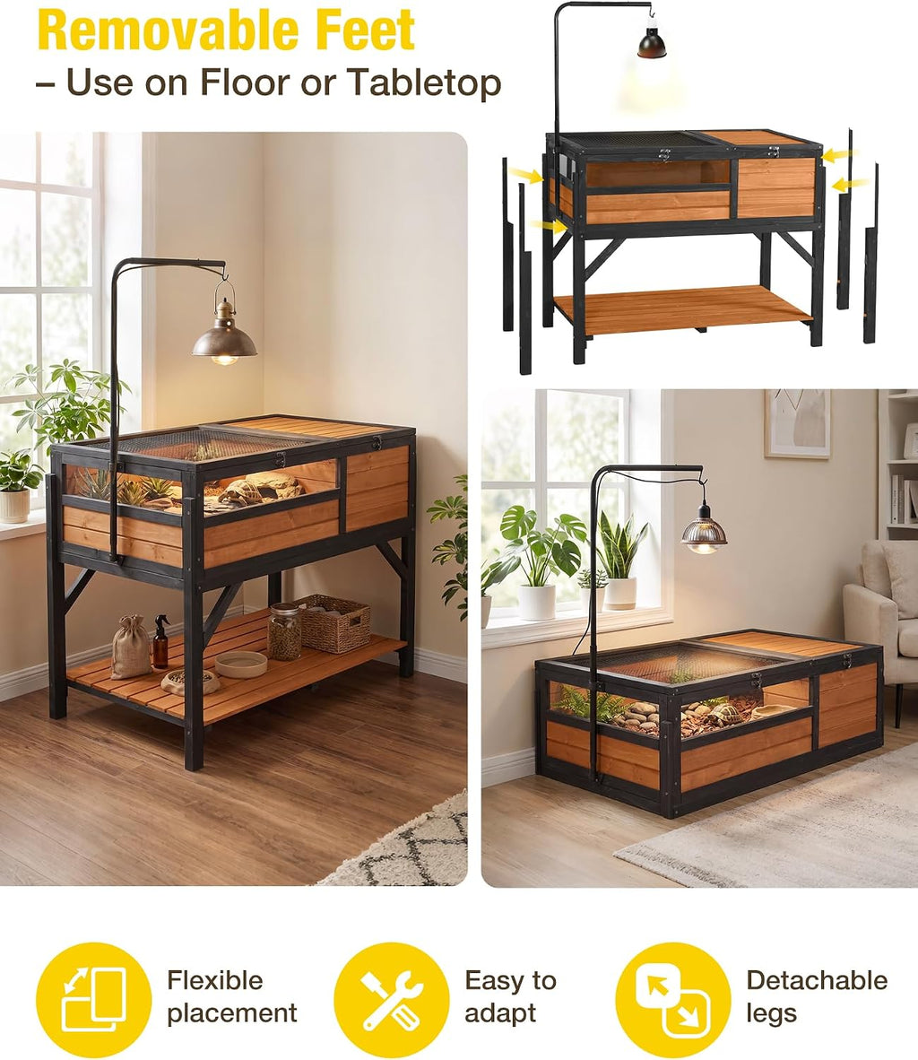 Wooden Tortoise Habitat with Detachable Legs & Adjustable Lamp Holder – Reptile Terrarium for Small Animals