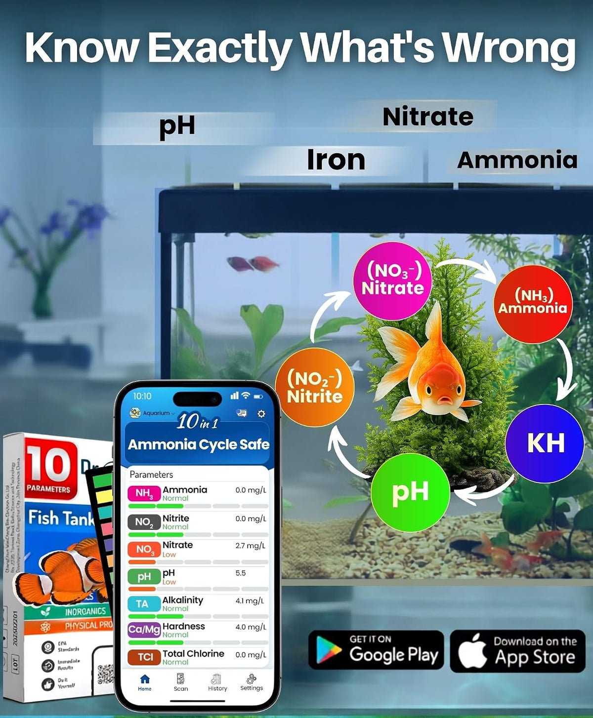 Digital Aquarium Water Test Kit, App-Enabled 10-in-1 Fish Tank Test Kit for Freshwater & Saltwater, Aquarium Test Strips for Fish Tanks, Reef, pH, Ammonia, Nitrate, Nitrite, GH, KH, Chlorine