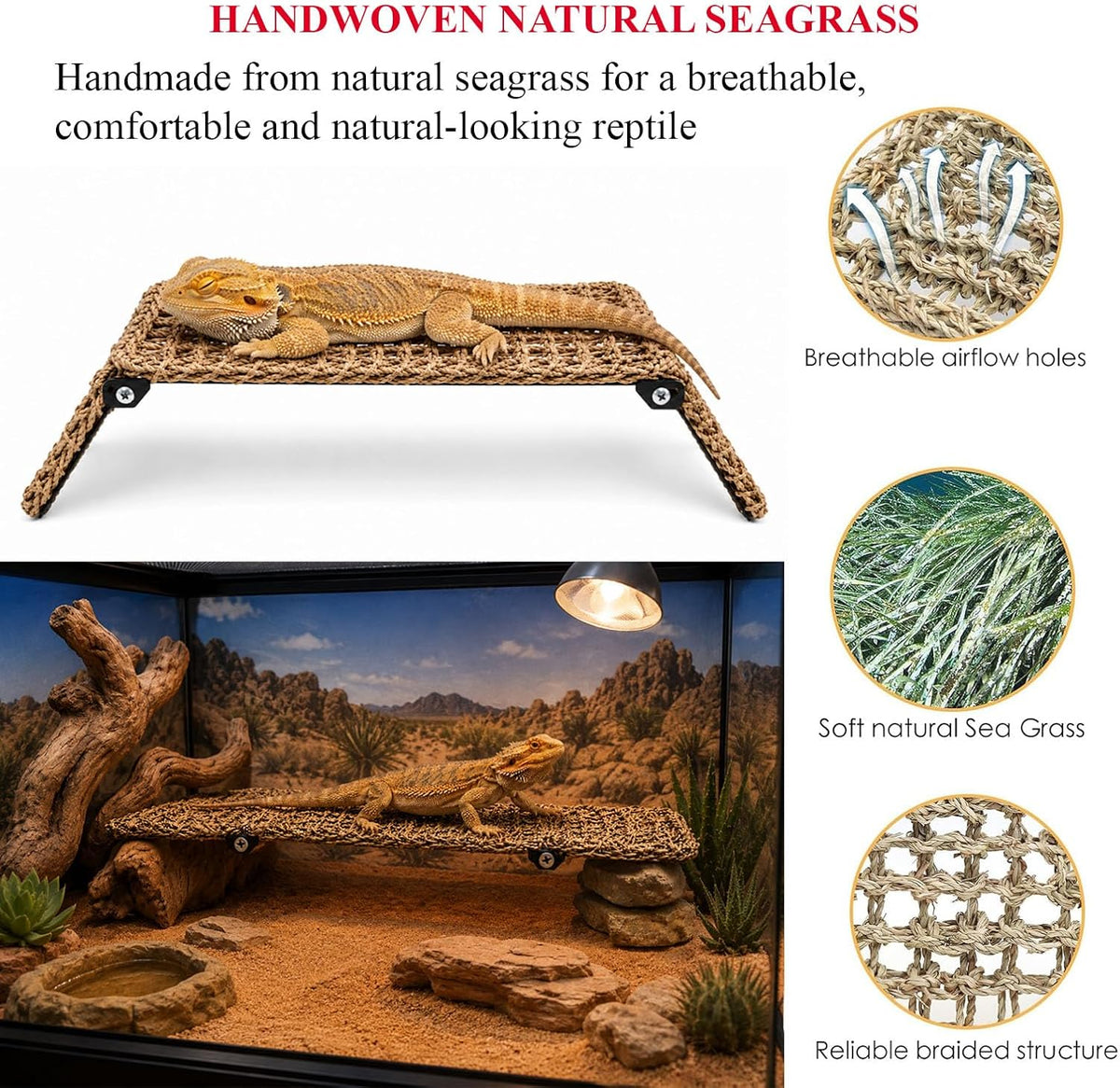 Foldable Bearded Dragon Bed with Reinforced Steel Frame, Adjustable 3-Panel Seagrass Reptile Lounger, Multi-Angle Climbing Ramp, Basking Platform & Lizard Hammock for Reptile Tank Accessories