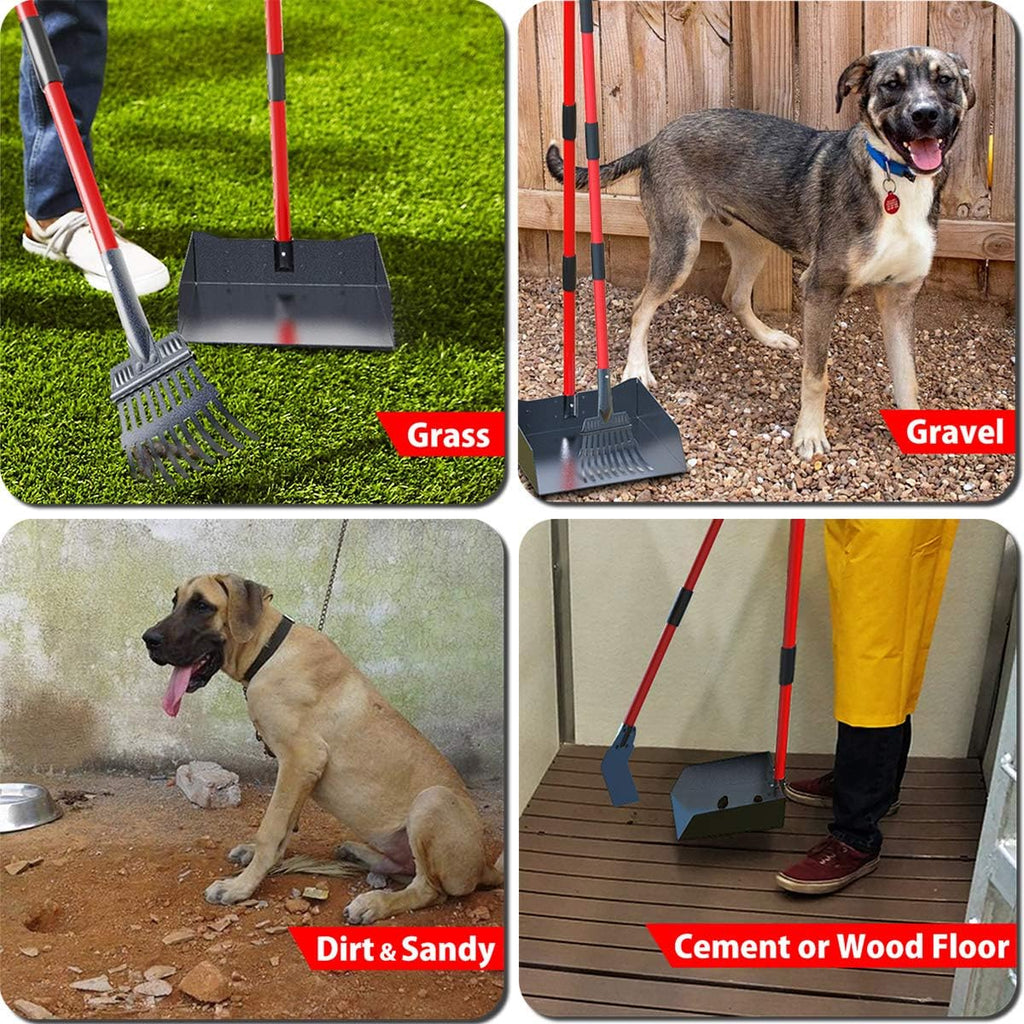 Heavy Duty Metal Pooper Scooper for Large Dogs,Long Handle Dog Pooper Scooper with Large 9.5'' Tray & Rake,Rustproof Aluminum Pet Waste Scooper for Grass,Gravel & Yard