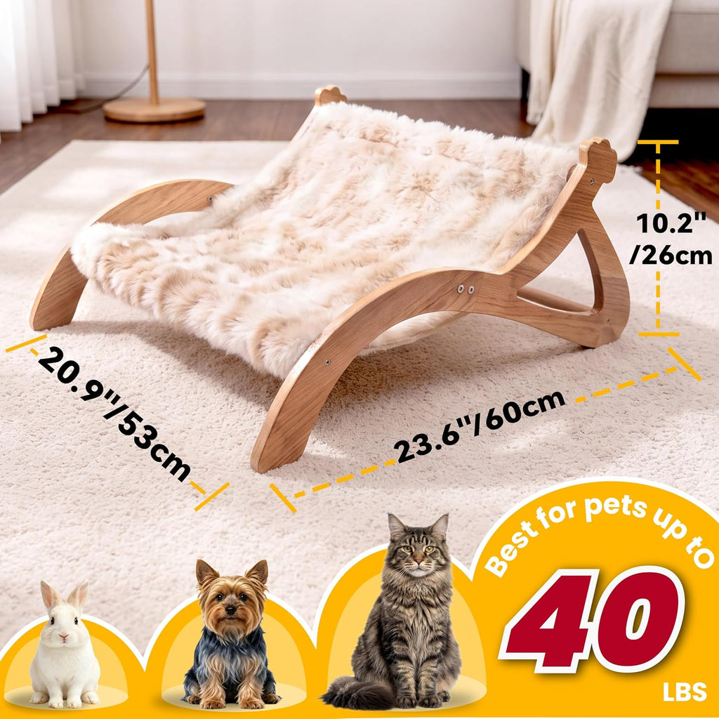 Elevated Cat Bed for Indoor Cats, Cute Paw-Shape Cat Hammock Couch with Cozy Washable Cushion, Solid Wood Pet Furniture for Kitty, Puppy & Bunny (Warm Beige)