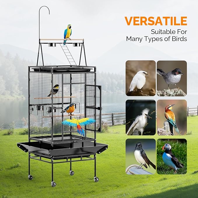 VINGLI 83 Inch Bird Cage with Play Top, Large Wrought Iron Bird Cage with Wheels - Image 7